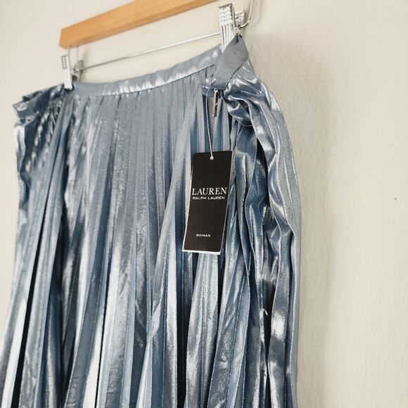 NEW Lauren Ralph Lauren Blue Metallic Pleated Chiffon Midi Skirt - Picture 8 of 15